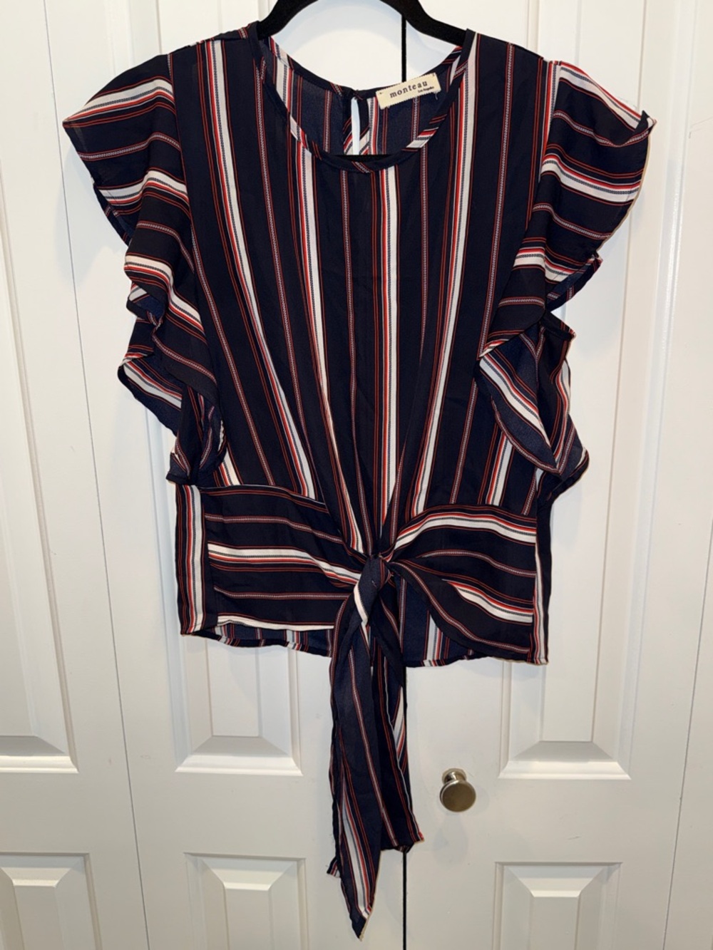 Monteau Navy‎ Striped Tie-Front Ruffle Sleeve Top